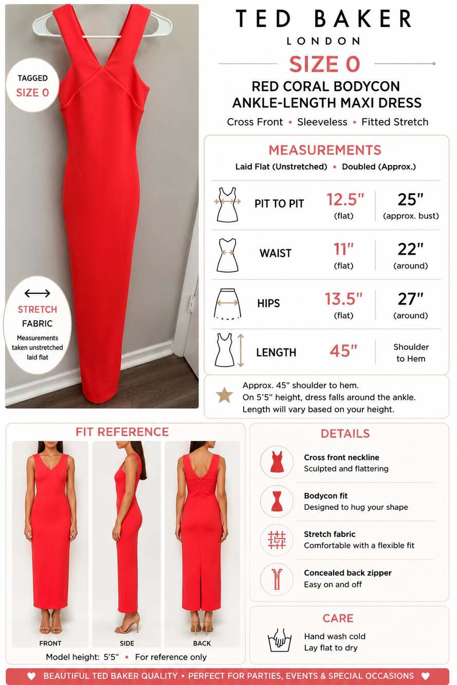 Ted Baker London Women’s Size 0 Red Coral Bodycon Maxi Dress Cross Front